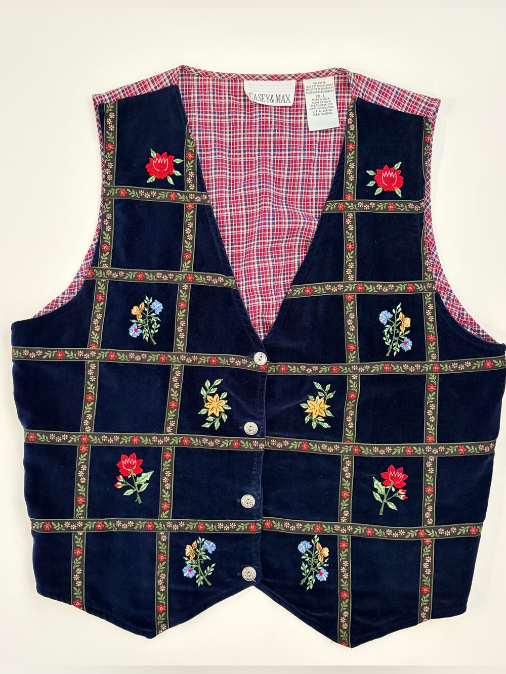 VTG Casey & Max Blue Velvet Floral Embroidered Vest Plaid Back SZ L